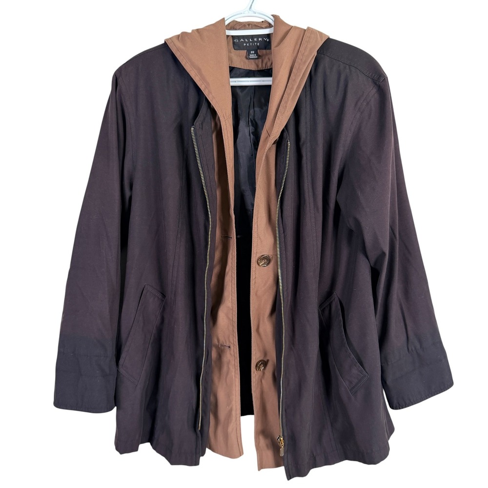 Gallery Petite Jacket Hooded Women PP Black Tan Full Zip Liner Rain Jacket